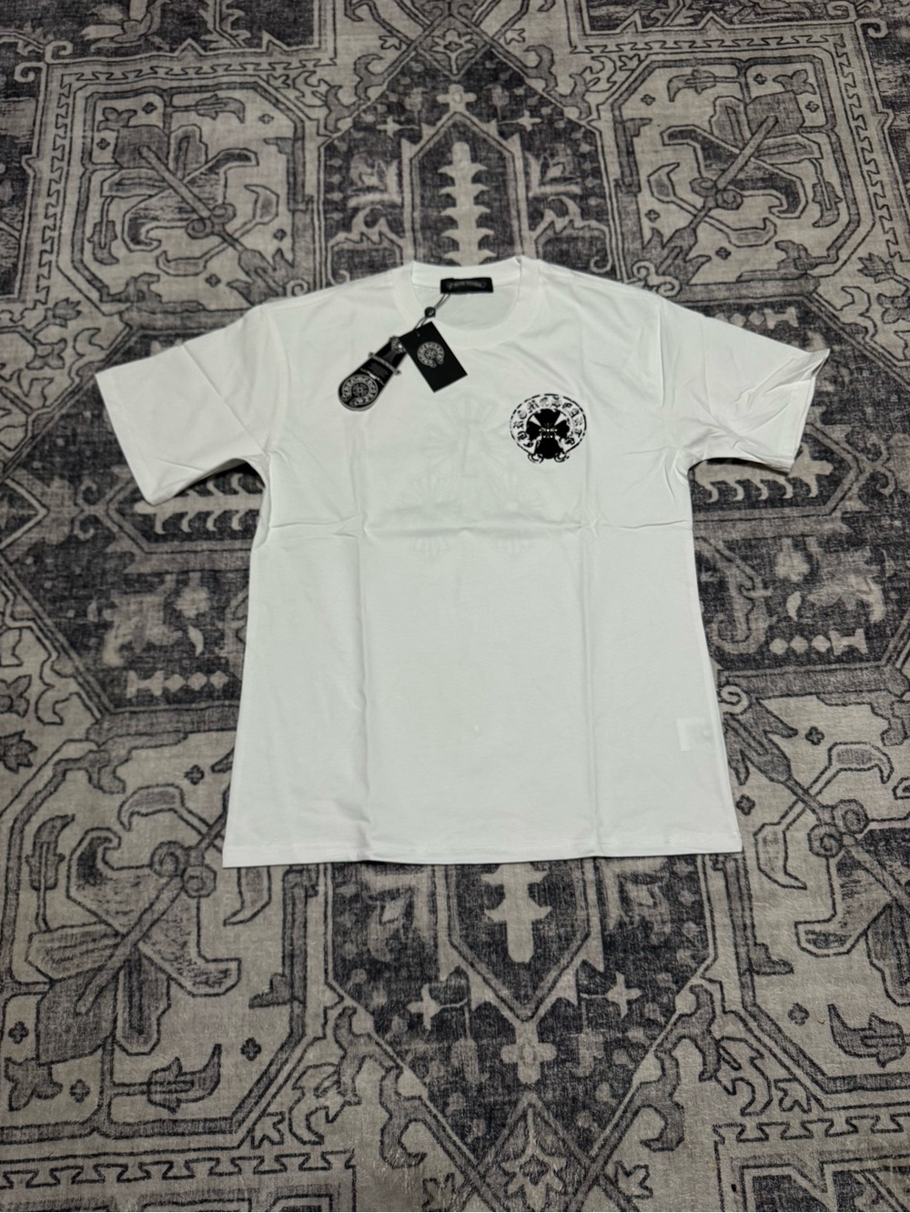 Chrome Hearts White Short-Sleeve Tee with Black Chest Emblem